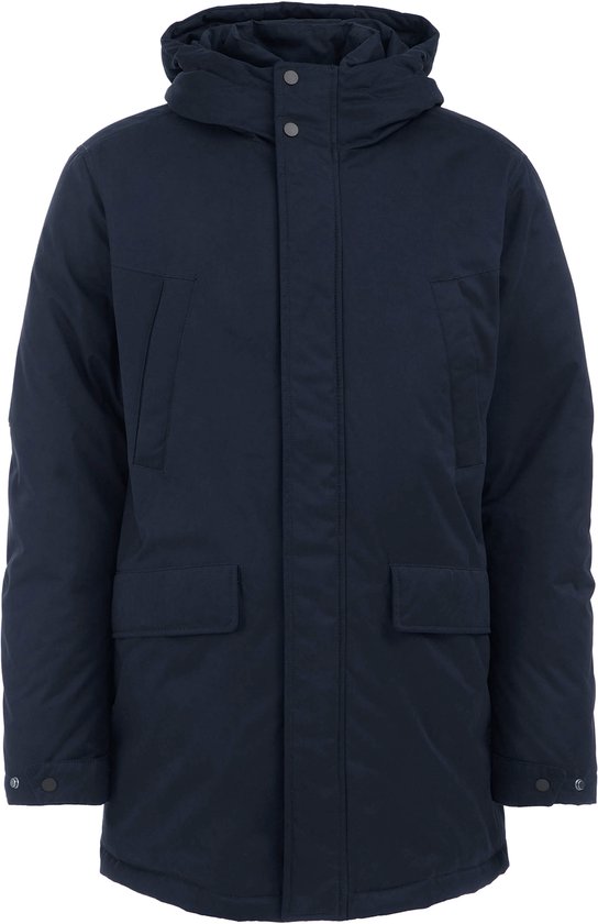 Donkerblauwe parka met capuchon, ritssluiting en klepzakken aan de voorzijde.