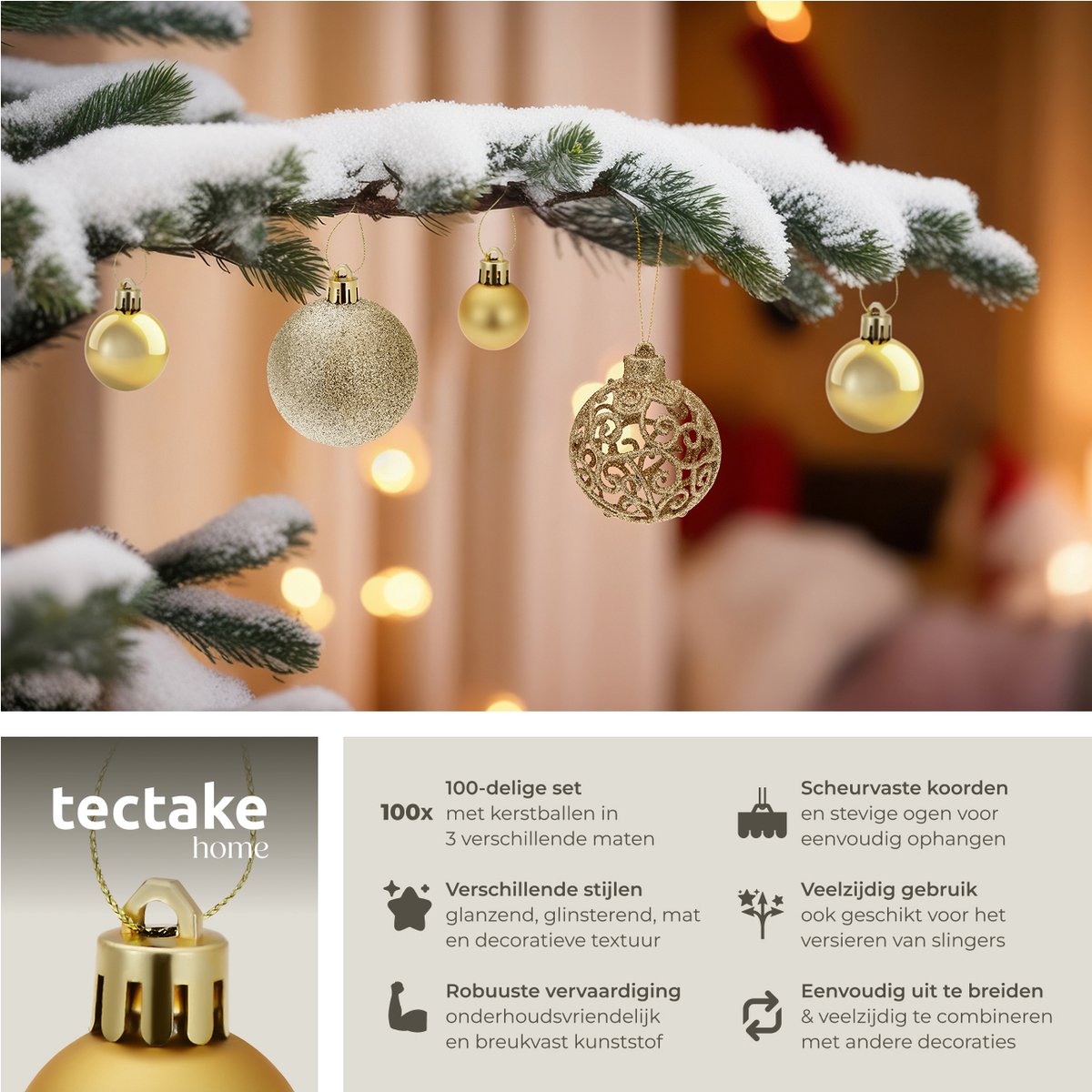 tectake® Set van 100 Kerstballen - Mat, Glanzend en Glinsterend Oppervlak - Kerstballen van Robuust Plastic - Kerstversiering met Opbergbox - Kerstboomversiering in Verschillende Maten - Goud – foto 2