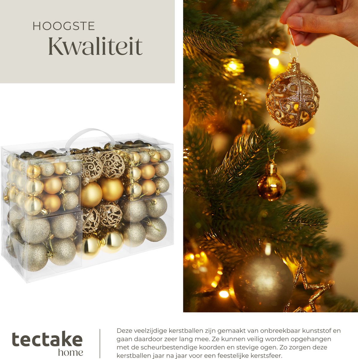 tectake® Set van 100 Kerstballen - Mat, Glanzend en Glinsterend Oppervlak - Kerstballen van Robuust Plastic - Kerstversiering met Opbergbox - Kerstboomversiering in Verschillende Maten - Goud – foto 7