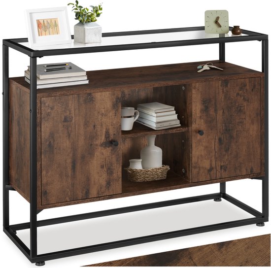 tectake® Dressoir met 2 kasten en glazen blad - Bijzettafel met planken en magnetische deuren - Industrieel design - Zwart metalen frame - Afmeting (LxBxH) 100 x 38 x 80,5 cm - Donkerbruin