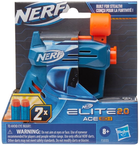 Nerf Elite 2.0 Ace SD-1 blaster in verpakking met 2 blauwe pijltjes met oranje punt.