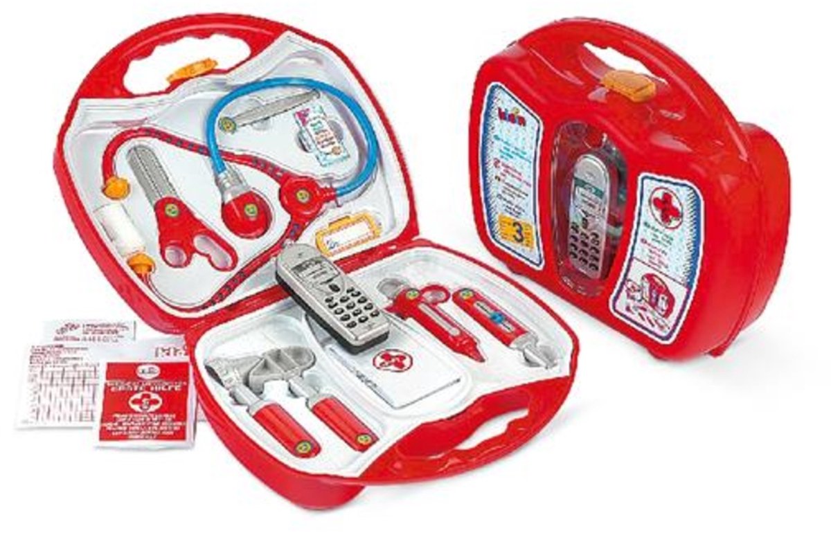 Klein Toys dokterskoffer met mobiele telefoon - stethoscoop, thermometer, reflexhamer, injectiespuit, pincet, oorspiegel, schaar, verpleegsterskapje, naamplaatje, pleisters - multicolor — afbeelding 10