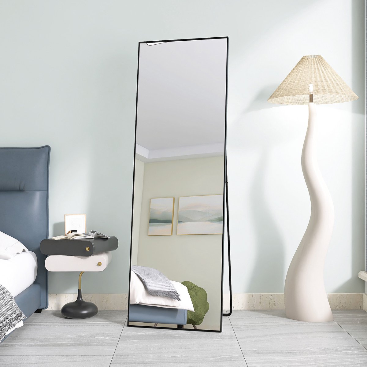 Passpiegel 165x60 cm - Grote wandspiegel met multifunctionele aluminium lijst (hangend/zittend/staand), Passpiegel voor badkamer, slaapkamer, hal of woonkamer, zwart