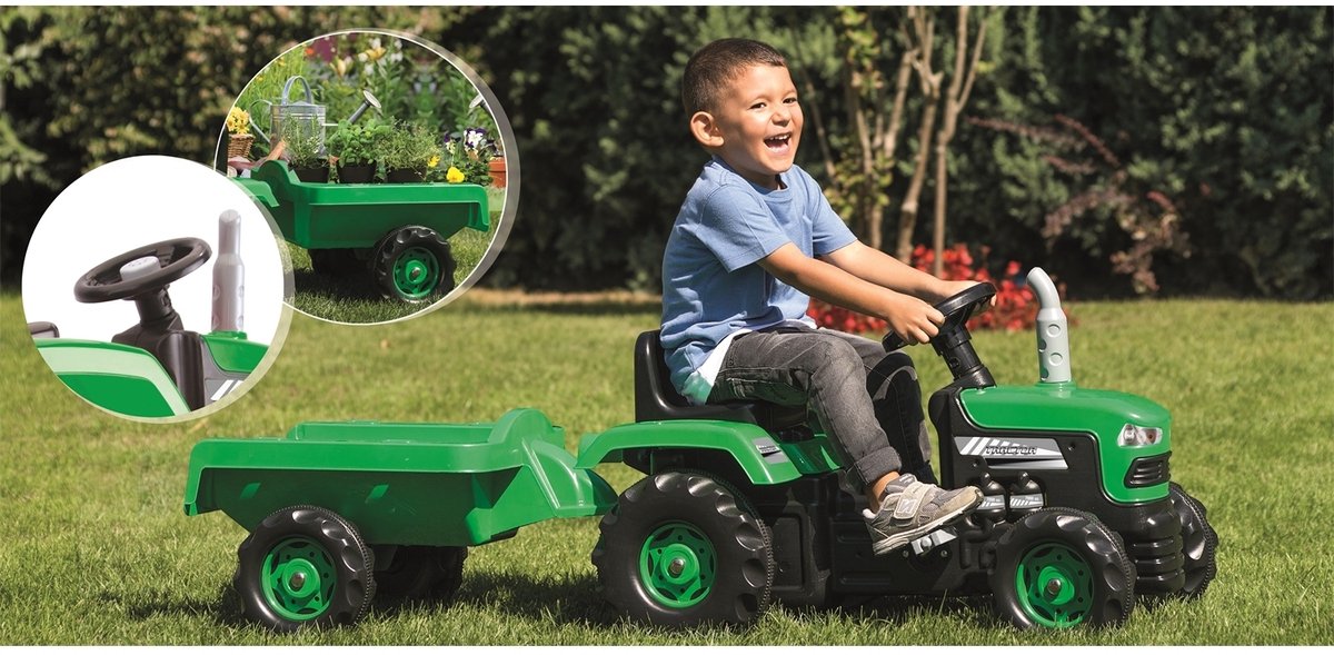 Dolu Traptractor Met Aanhanger & Claxon Groen/zwart