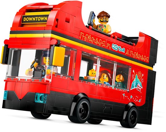 Rode LEGO dubbeldekker bus met 'City Tour' opdruk, gele accenten en minifiguren aan boord.