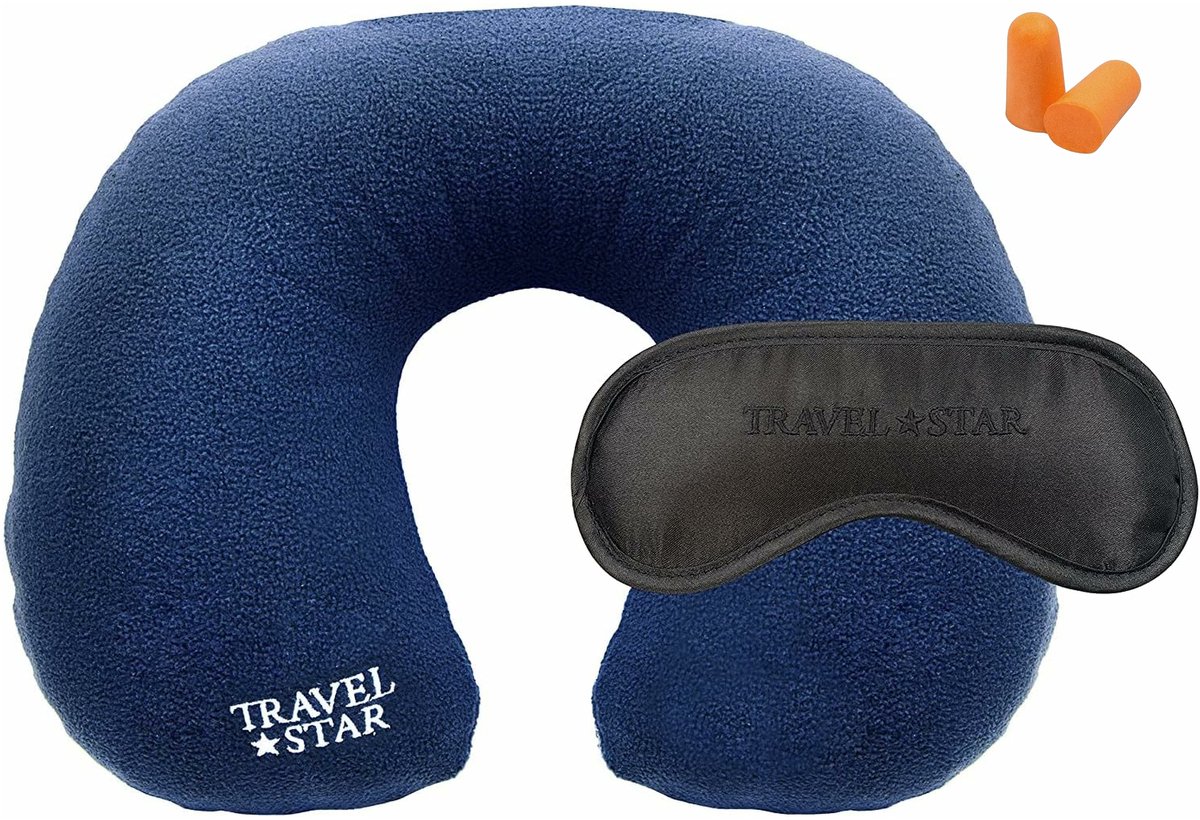 Travelstar® Opblaasbaar Nekkussen Reisset – Inclusief Slaapmasker & Oordopjes – Fleece Hoes – Wasbaar – Blauw