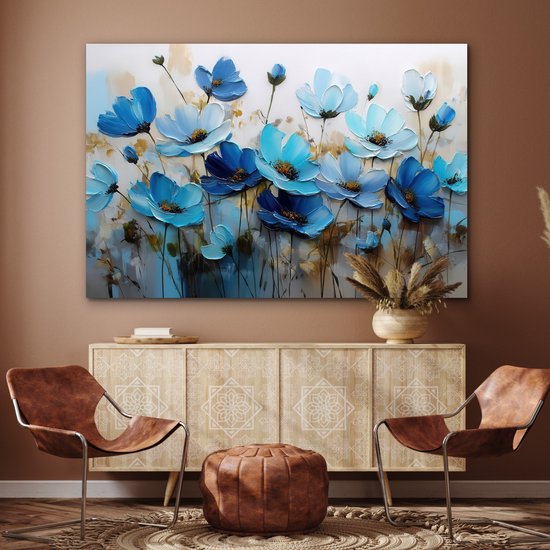 Aluminium schilderij 150x100 cm - Wanddecoratie metaal - Bloemen - Schilderij - Blauw - Metalen muurdecoratie woonkamer - Decoratie industrieel - Foto op dibond - Industriële accessoires slaapkamer