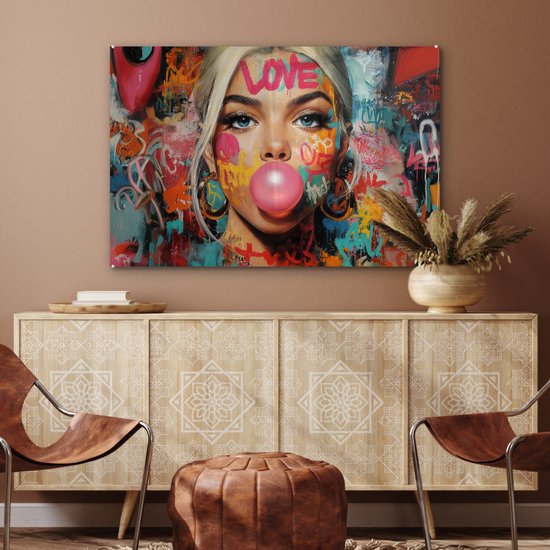 MuchoWow® Tableau sur verre 120x80 cm - Tableau sur verre acrylique - Femme - Chewing-gum - Graffiti - Amour - Photo sur verre - Décoration murale salon - Décoration murale chambre - Peintures