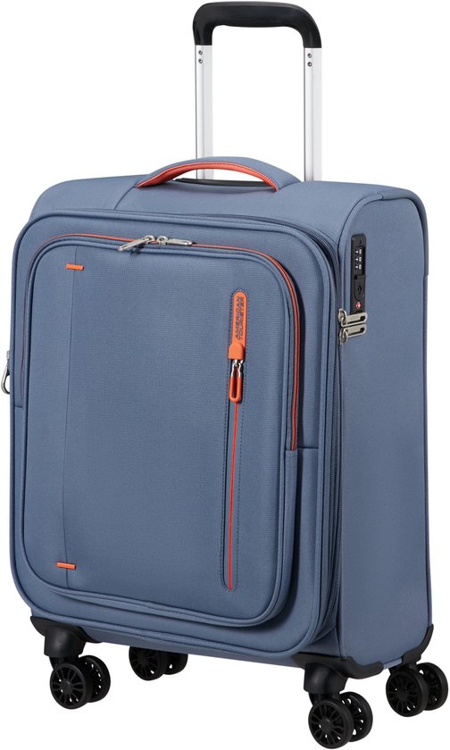 Blauwe koffer met oranje ritstrekker en TSA-slot.