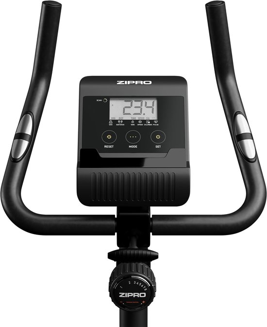 Zwart hometrainer stuur met digitaal display waarop '23.4' wordt weergegeven.