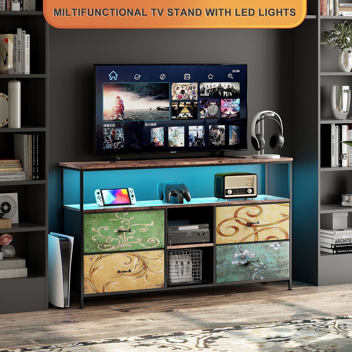 LED Moderne tv-kast met lades, lowboard voor tv met 4 stoffen lades, tv-kast met ledverlichting en tv-standaard, veelzijdige tv-kast voor woonkamer en slaapkamer, stijlvol tv-meubel, 108 cm, Multi-Groen