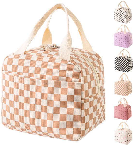 Sac Isotherme Déjeuner Mignon – Femmes & Enfants – Portable et Multifonction – Motif Carreaux – Marron-Blanc