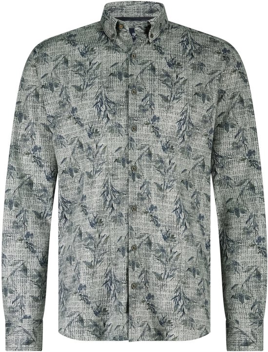 Grijs shirt met lange mouwen, knoopsluiting, een textuurpatroon en een donkerblauw botanisch printontwerp.