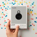 Doos van Chipolo LOOP tracker met confetti, compatibel met Apple Find My en Google Find Hub.