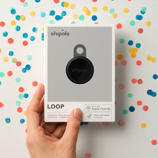 Doos van Chipolo LOOP tracker met confetti, compatibel met Apple Find My en Google Find Hub.