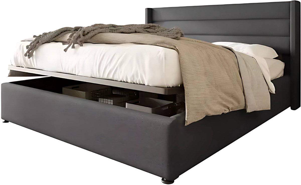 Happiq Bed - Opbergbed - Opbergruimte - met Hydraulisch Systeem - Voor Slaapkamer - met Houten Lattenbodem & Metalen Frame - Grijs Linnen - 140x200 cm Zwart
