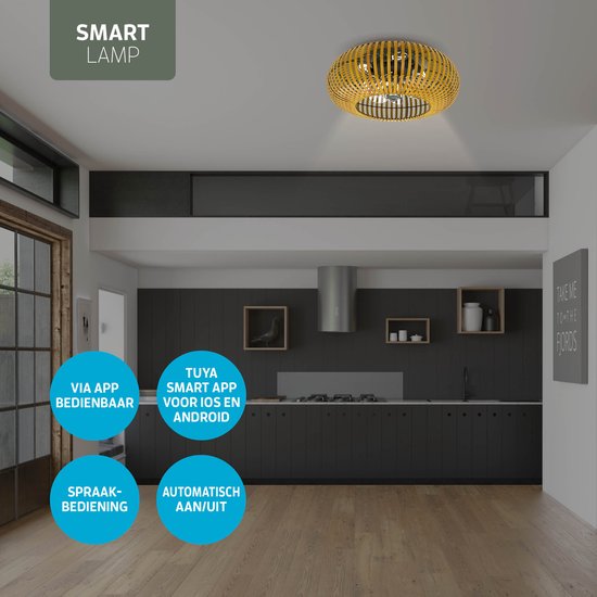 Varin® Smart Plafondlamp met ventilator - Bamboe - Tuya Wifi - Ø 50cm - Plafondventilator met verlichting - Smart lamp slaapkamer - Plafonniere kinderkamer - Plafondlampen industrieel - Plafond lamp - Afstandsbediening - Plafond met ventilator