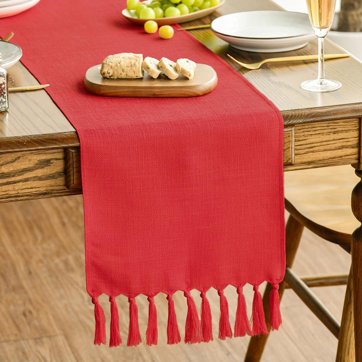Rode Tafelloper - Landelijke Stijl met Kwastjes - Wasbaar voor Tafeldecoratie - 33x183 cm