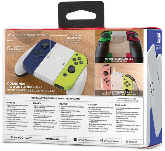 Verpakking van de PowerA Joy-Con Comfort Grip in het wit, met afbeeldingen van andere kleuren.