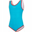 Blauw badpak voor meisjes met rode bies en merklogo. Zijkant weergave.