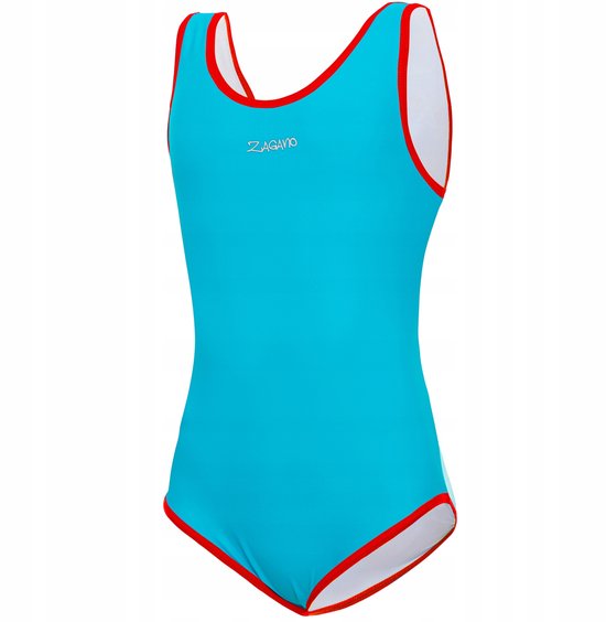 Blauw badpak voor meisjes met rode bies en merklogo. Zijkant weergave.