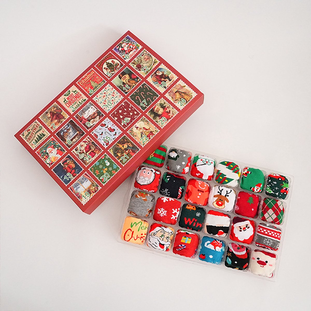 Kerstman cartoon halve sok met sneeuwman en 24 vakken blinde doos, herfst- en wintermode sokken voor mannen en vrouwen.