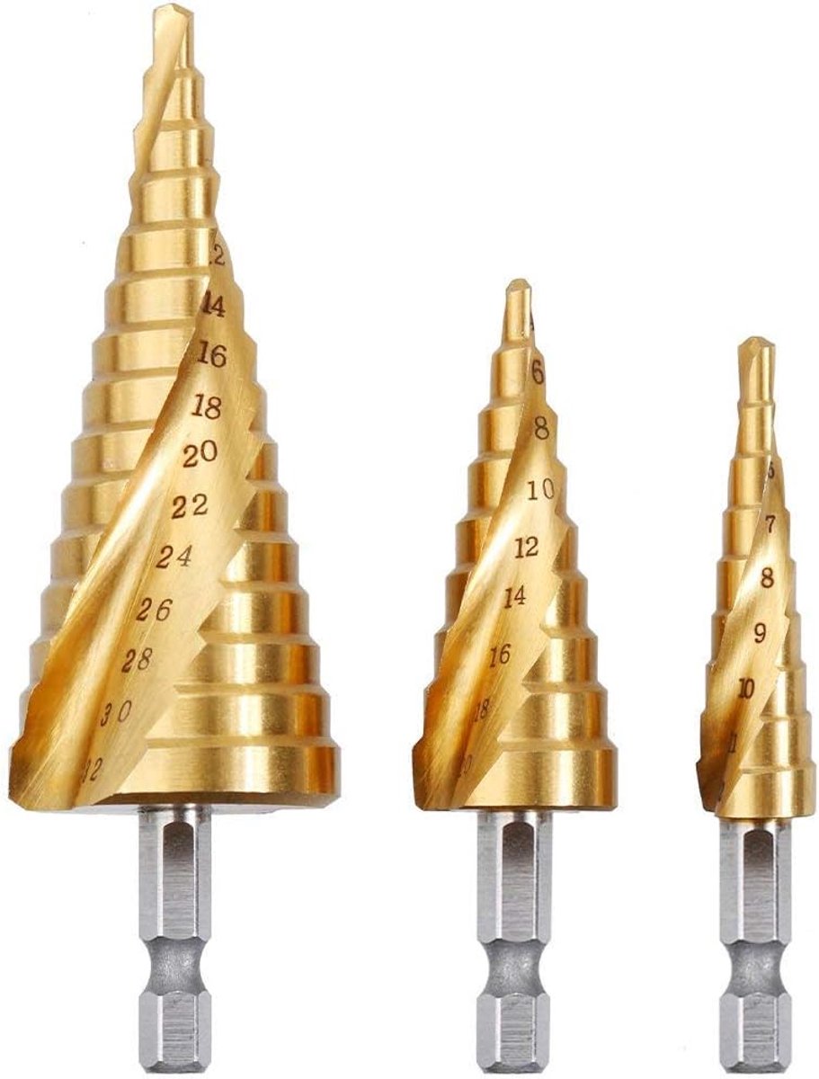 3 x RVS metaalboor 4-12/20/32 mm, titanium conische driehoek, met zeskantige schacht, voor schroevendraaiers, boren in staal, messing, hout, kunststof