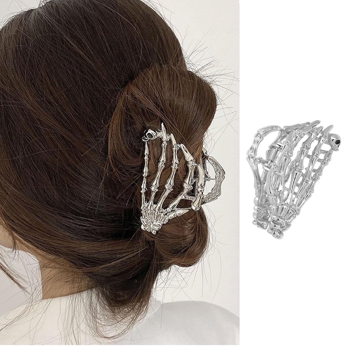 Daity 1 stuks zilveren schedelhaarclip - Halloween metalen legering klauwclip - elegante en coole zilveren haaienhaarclip - Halloween grote haaraccessoire hoofdtooi met klein schedelpatroon
