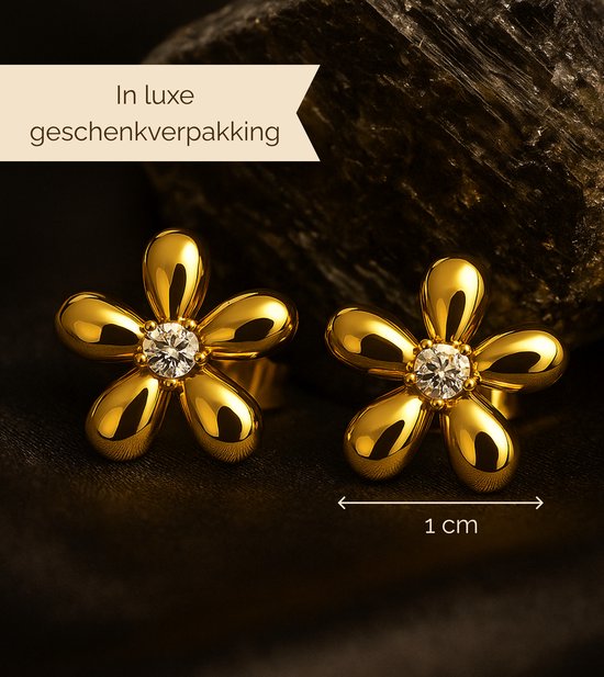 Clips d'oreilles' Bloem Lundholm en forme de fleur dorée pour femme - Acier inoxydable de Premium - Plaqué or 18 carats - Boucles d'oreilles en Bloem avec zircone (10 mm de hauteur, 2 mm de pierre) - Elegant et intemporelles - Coffret cadeau de Luxe
