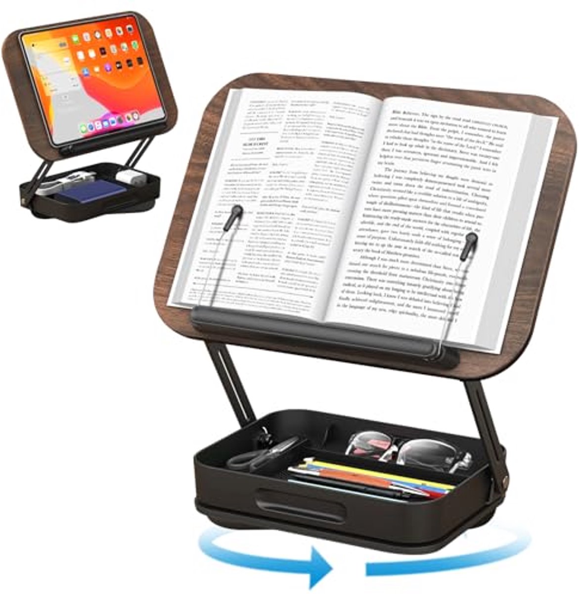 Verstelbare houten boekenstandaard met 360° draaibare basis