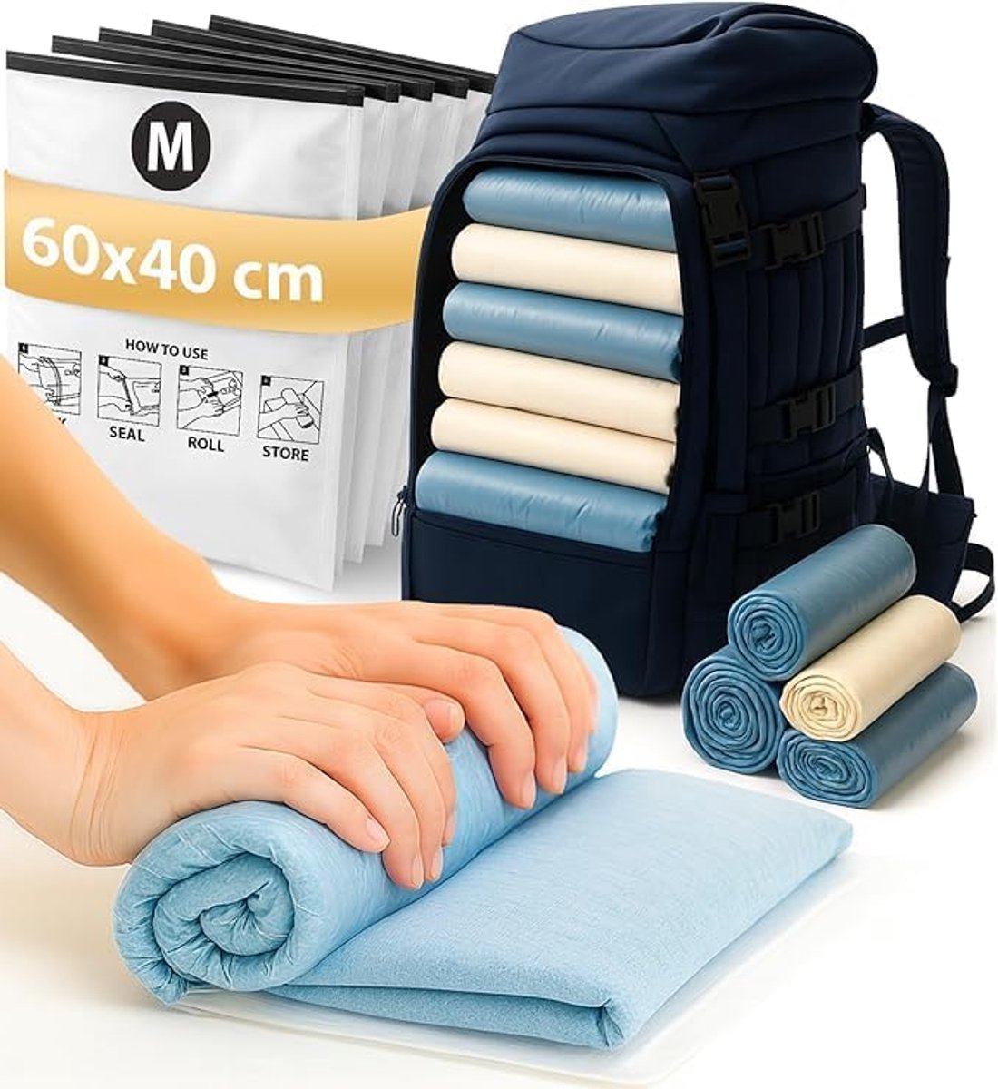 Vacuümzakken voor Oprollen - Set van 8 - Maat M (60 x 40 cm) - Ideaal voor Reiskleding - C