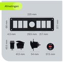 Afmetingen van het schakelpaneel en de componenten, inclusief een voltmeter.