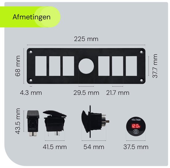 Afmetingen van het schakelpaneel en de componenten, inclusief een voltmeter.