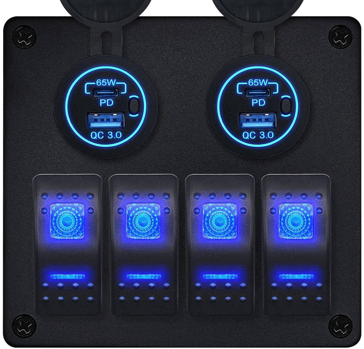 ProRide Schakelpaneel 12V voor Auto/Boot - USB/USB C Stopcontact 4 Poorten met Schakelaar - 65W - QC3.0 - 4 schakelaars - Blauw