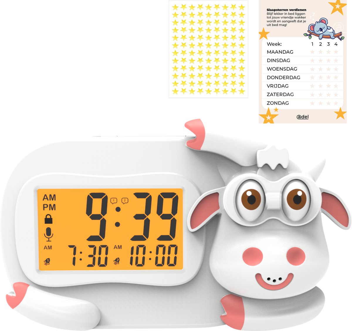 Image of ADEL Slaapwekker & Slaaptrainer voor Kinderen – Kinderwekker voor de Slaapkamer – Vrolijke Kinderklok Inclusief Beloningskaart – Lieve Koe