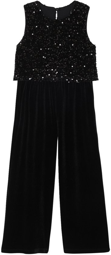 Zwarte meisjes jumpsuit met pailletten top en wijde fluwelen broek.