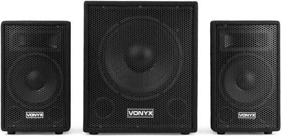 Zwarte Vonyx subwoofer met aan de voorkant een groot rooster.