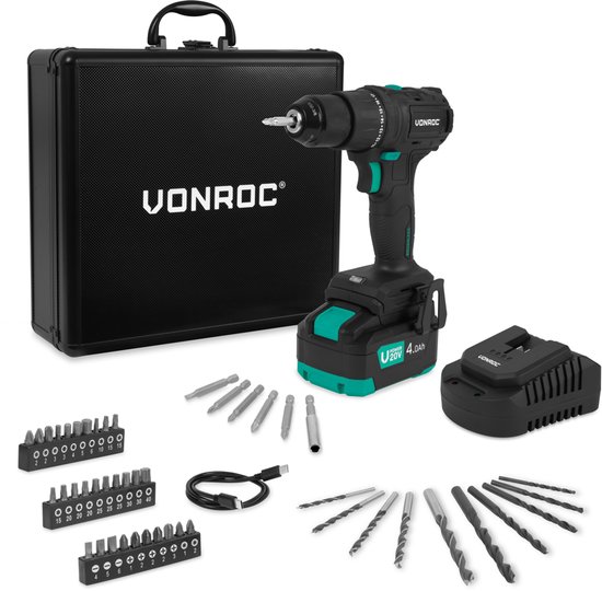VONROC PRO Accuboormachine 20V – 40 Nm – Brushless motor - 17 schroefstanden + boorstand - Incl. 4.0Ah accu, snellader en 46 accessoires in luxe koffer