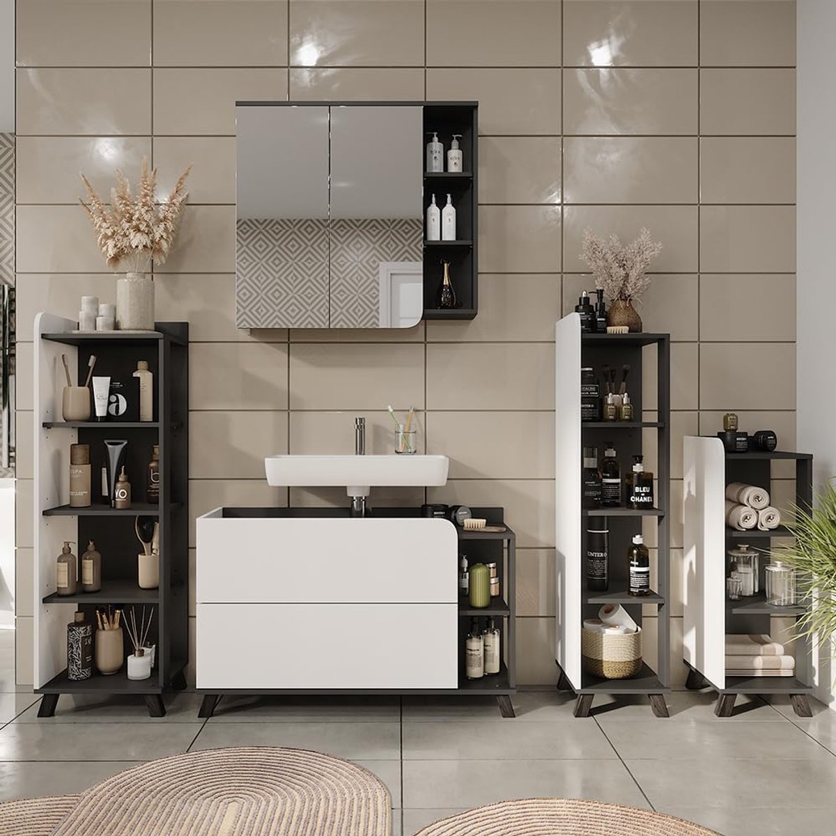 Luxe Badkamerkast “Karen Deluxe” – Antraciet/Wit – Moderne Midi Kast 128 cm – 4 Open Vakken – Stijlvol, Ruimtebesparend & Functioneel Badkamermeubel – Houten Afwerking – Industriële Look – Vicco Design
