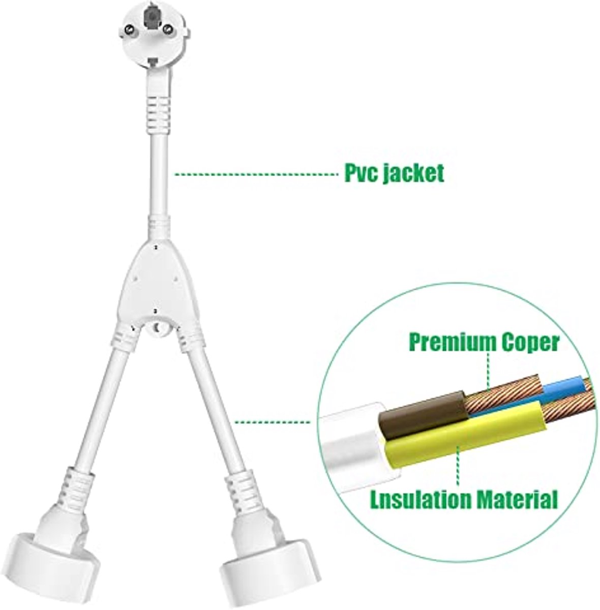 Dubbele stekkeradapter voor wandcontactdoos - 16 A / 250 V, Flexibele 0,1 m Kabel, IP20, Voor Thuis en Kantoor