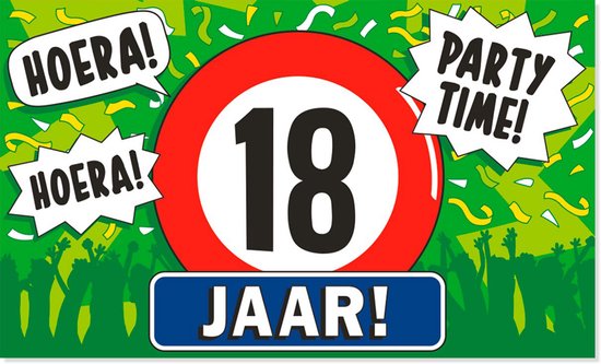 Feestvlag met 'HOERA HOERA PARTY TIME 18 JAAR!' op groene achtergrond met confetti.