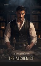 Man in historisch vest achter een tafel met alchemistische potten en een open boek. Tekst: Ben Jonson The Alchemist.