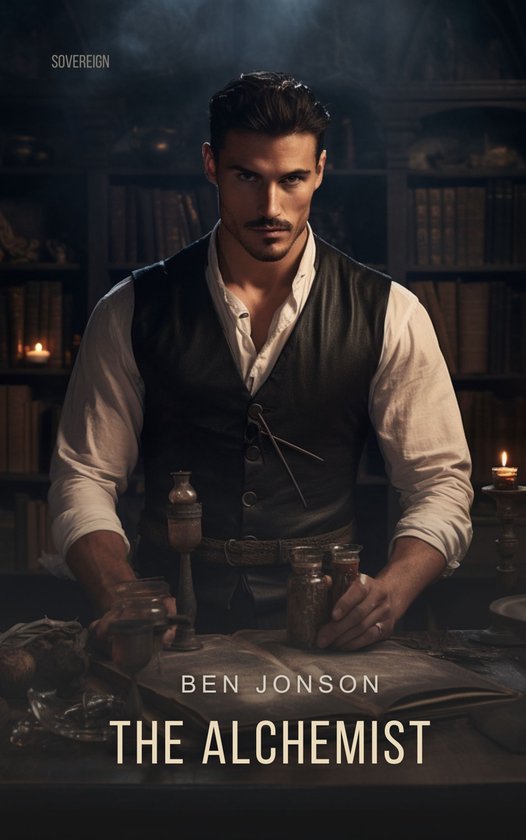 Man in historisch vest achter een tafel met alchemistische potten en een open boek. Tekst: Ben Jonson The Alchemist.