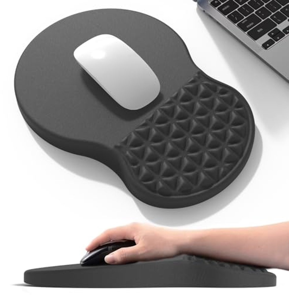 Ergonomische muismat met polssteun en massageontwerp - traagschuim, antislip, pijnverlichting voor kantoor en thuis - zwart