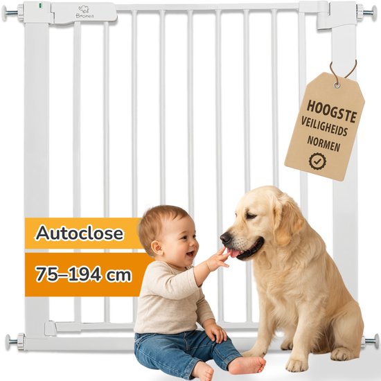 BRONEA® LUCA Traphekje zonder boren - 117-124 cm - Deurhek Veiligheidshek Kinderhek Hondenhek met klembevestiging | Verlengbaar 75-194 cm | Auto-Close, 90° stop, aan beide zijden te openen | Kinderbeveiliging voor trap & deur