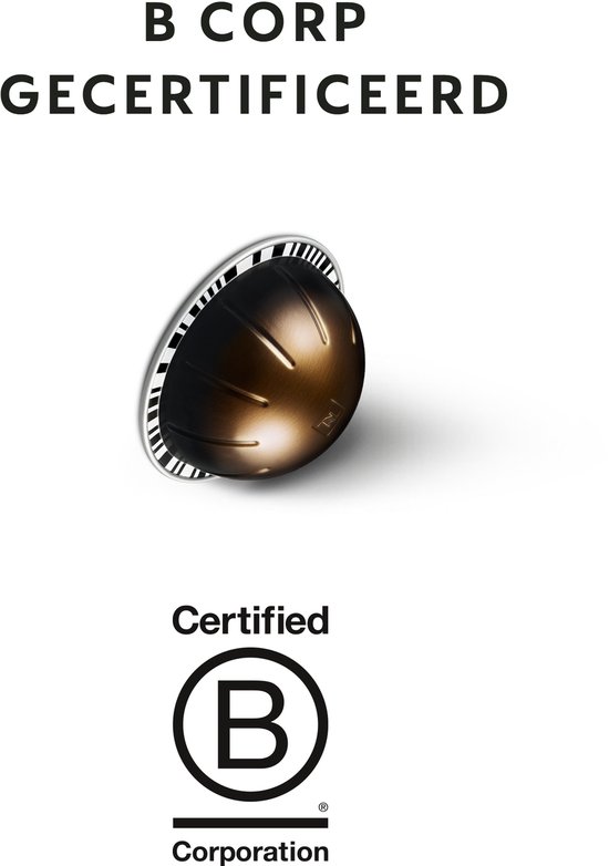 Nespresso koffiecup met B Corp certificering logo.