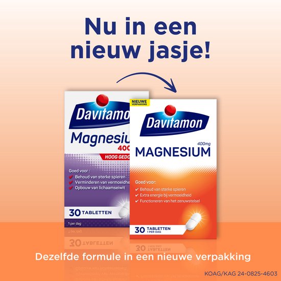 Vergelijking van oude en nieuwe Davitamon Magnesium 400 mg verpakking.