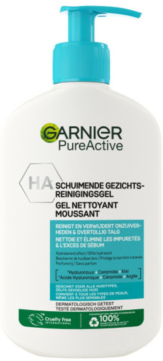 1 x Garnier - Pure Active - Gezichtsreiniger - Hydraterend - 250 ml - Gezichtsreiniger - Hydraterend - Zuivere Huid - Huidbarrière - Hyaluronzuur
