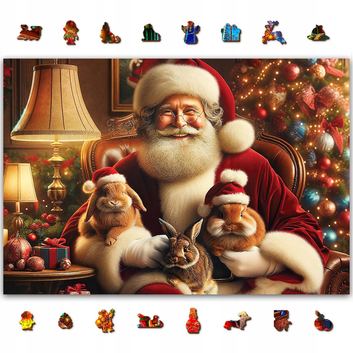 Houten Kerstpuzzel 505 Stukjes: Kerstman en Konijntjes