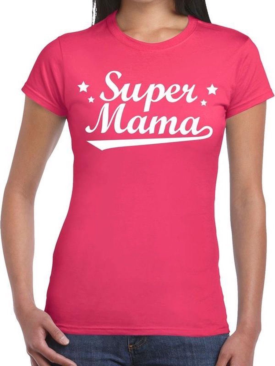 Afbeelding van product Bellatio Decorations  Super mama cadeau t-shirt fuchsia roze dames - kado shirt voor moeders XS  - maat XS